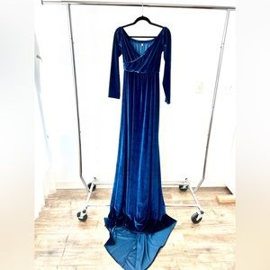Blue velvet maxi maternity dress